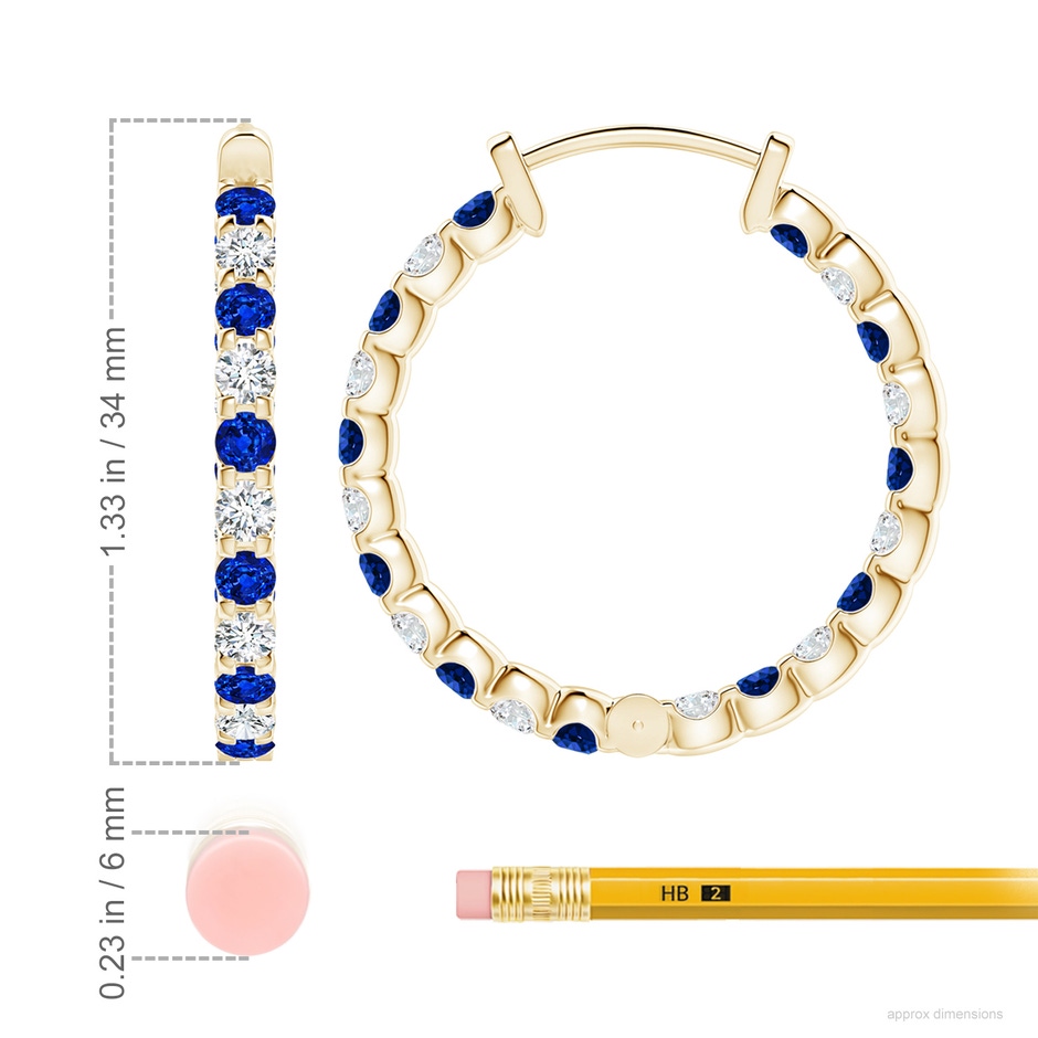3mm AAAA Prong-Set Sapphire and Diamond Inside Out Hoop Earrings in Yellow Gold ruler