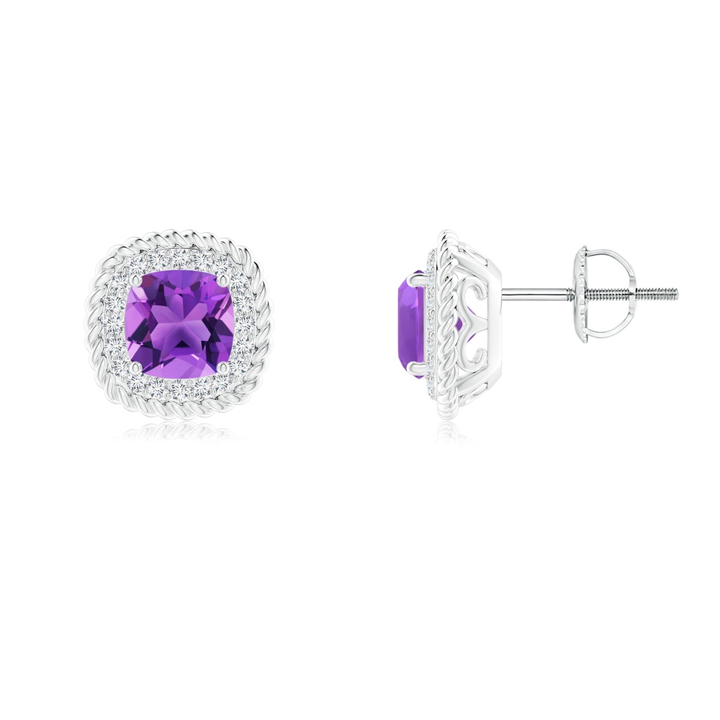 6mm AAA Cushion Amethyst Twisted Wire Halo Studs with Diamonds in White Gold