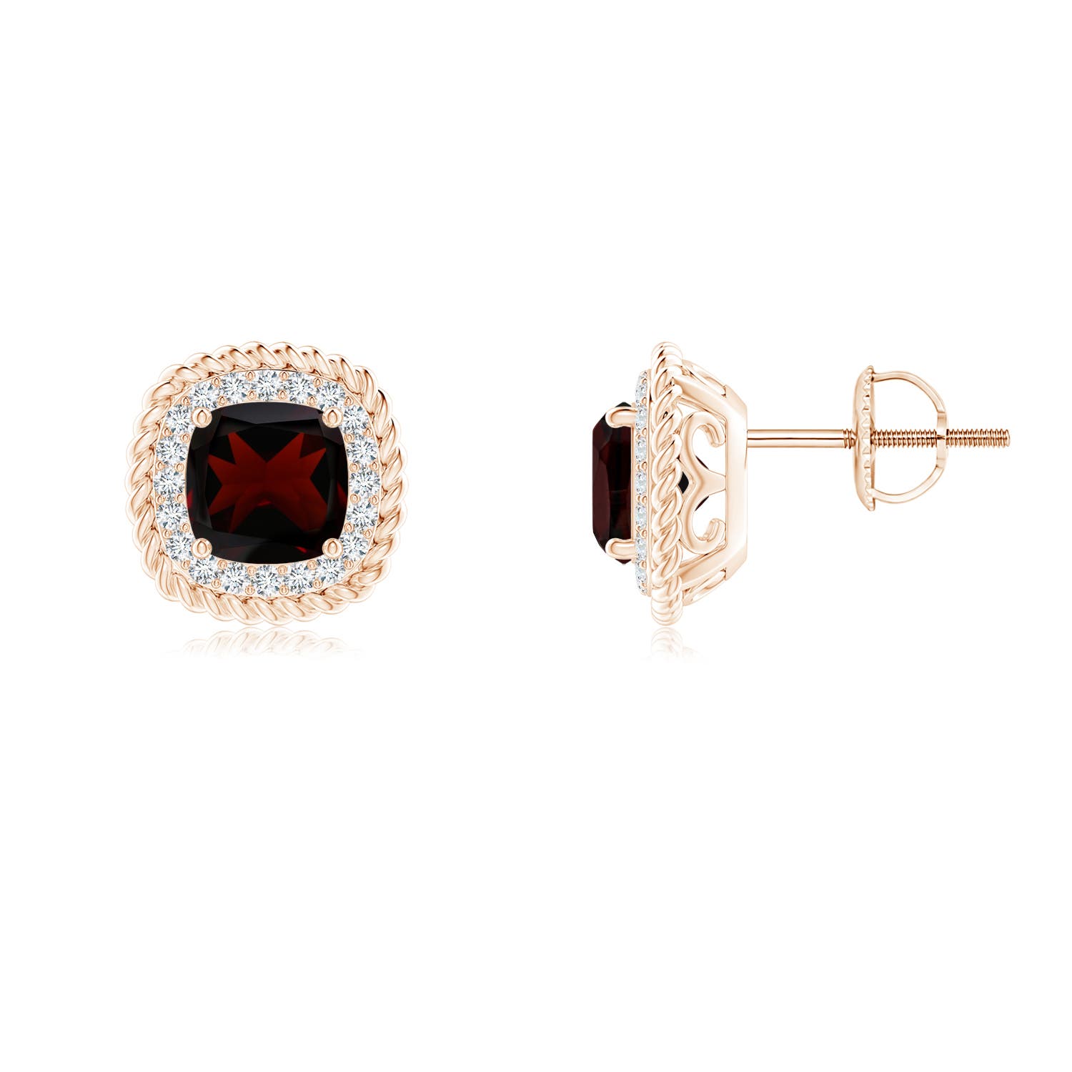 Claw-Set Cushion Garnet Beaded Halo Stud Earrings | Angara