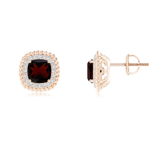 6mm A Twisted Wire Cushion Garnet Studs with Diamonds in Rose Gold