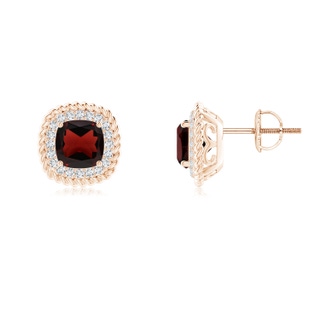 6mm AA Twisted Wire Cushion Garnet Studs with Diamonds in Rose Gold