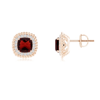 6mm AAA Twisted Wire Cushion Garnet Studs with Diamonds in Rose Gold