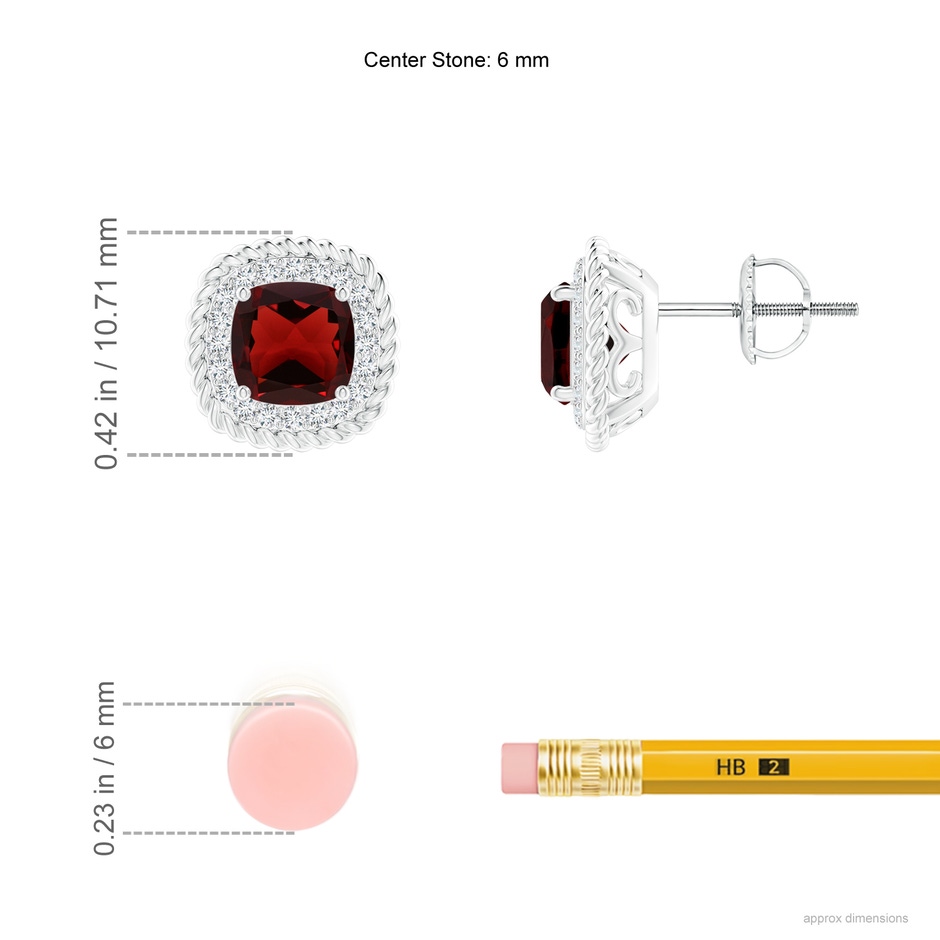 6mm AAA Twisted Wire Cushion Garnet Studs with Diamonds in White Gold ruler