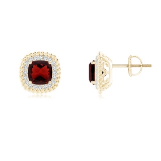6mm AAA Twisted Wire Cushion Garnet Studs with Diamonds in Yellow Gold