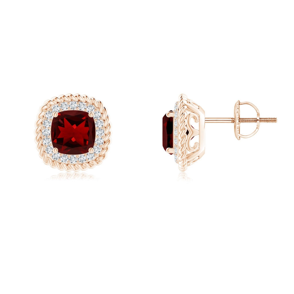 6mm AAAA Twisted Wire Cushion Garnet Studs with Diamonds in Rose Gold