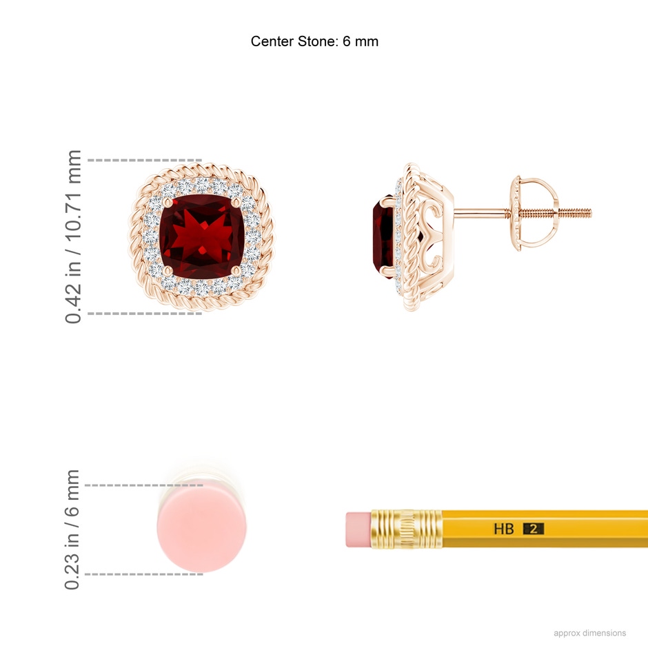 6mm AAAA Twisted Wire Cushion Garnet Studs with Diamonds in Rose Gold ruler