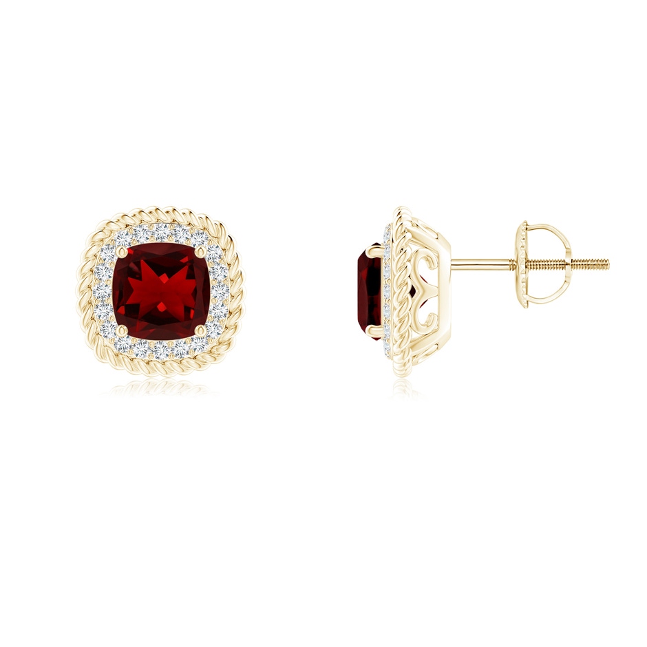 6mm AAAA Twisted Wire Cushion Garnet Studs with Diamonds in Yellow Gold 