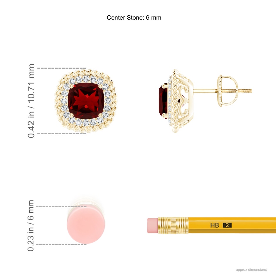 6mm AAAA Twisted Wire Cushion Garnet Studs with Diamonds in Yellow Gold ruler