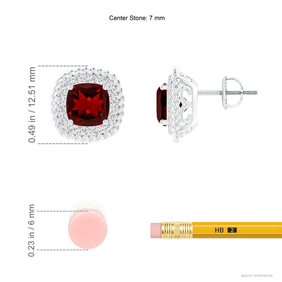 7mm AAAA Twisted Wire Cushion Garnet Studs with Diamonds in White Gold ruler