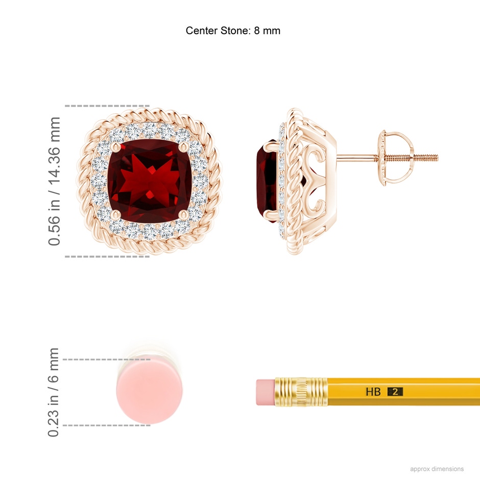 8mm AAAA Twisted Wire Cushion Garnet Studs with Diamonds in Rose Gold ruler