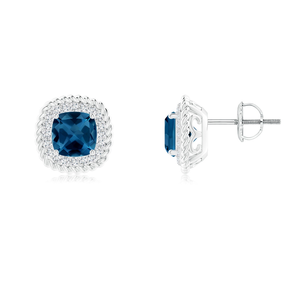 6mm AAA Twisted Wire Cushion London Blue Topaz Studs with Diamonds in White Gold