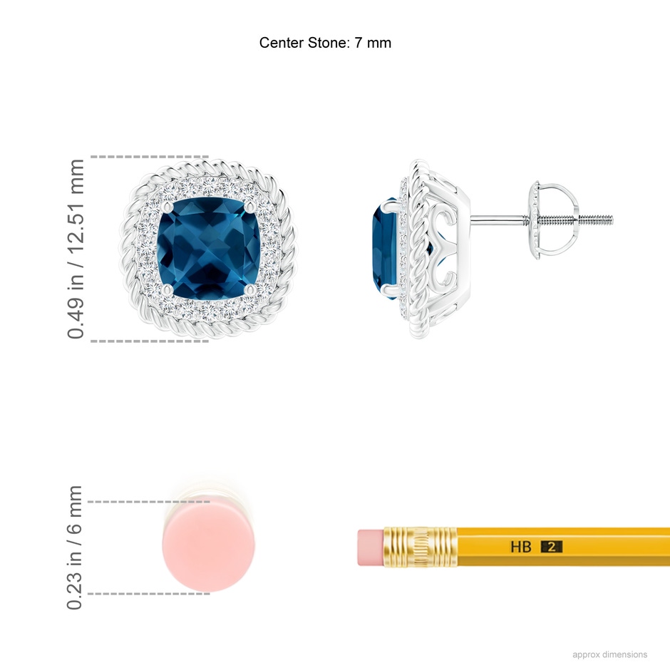 7mm AAA Twisted Wire Cushion London Blue Topaz Studs with Diamonds in White Gold ruler