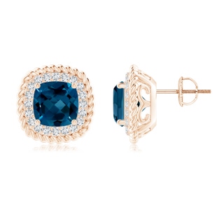 8mm AAAA Twisted Wire Cushion London Blue Topaz Studs with Diamonds in Rose Gold