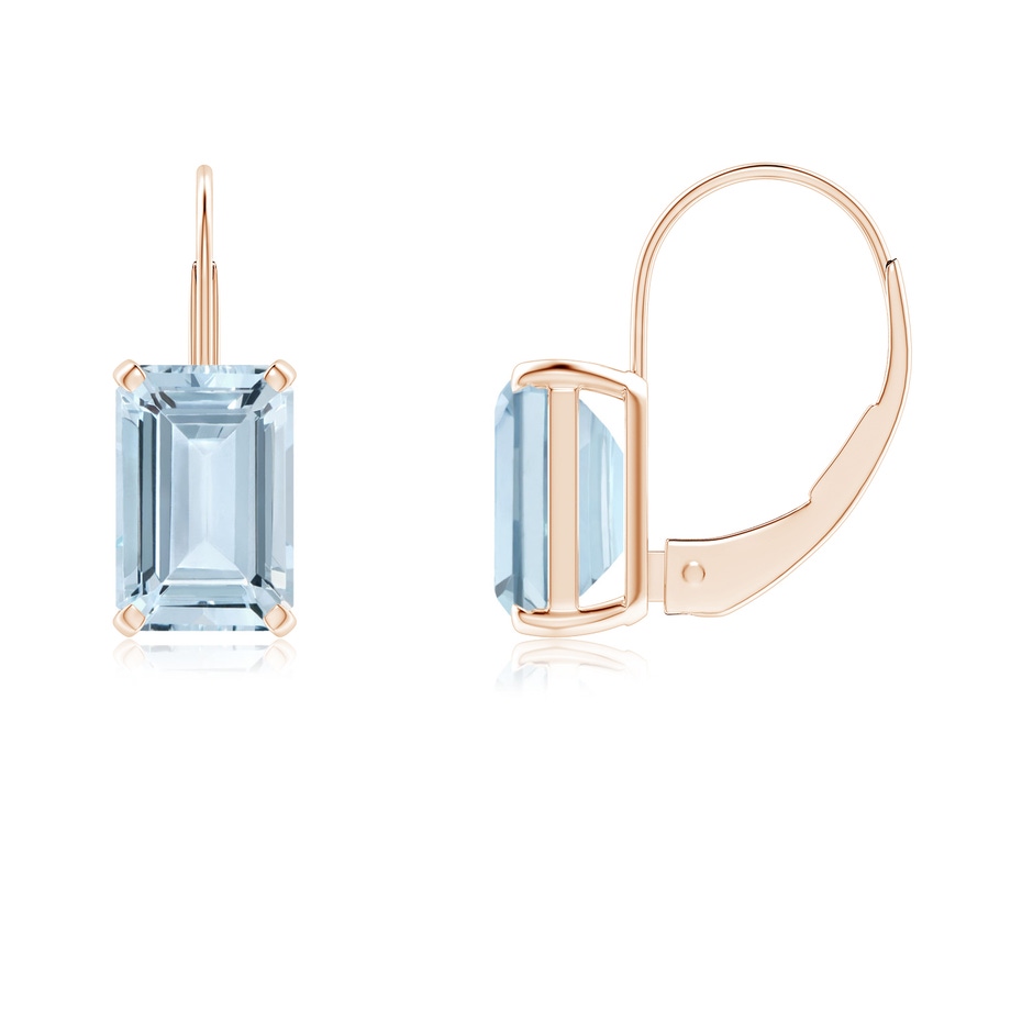 6x4mm A Emerald-Cut Aquamarine Solitaire Leverback Earrings in Rose Gold 