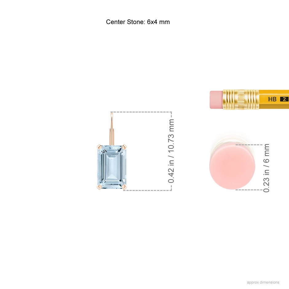 6x4mm A Emerald-Cut Aquamarine Solitaire Leverback Earrings in Rose Gold ruler