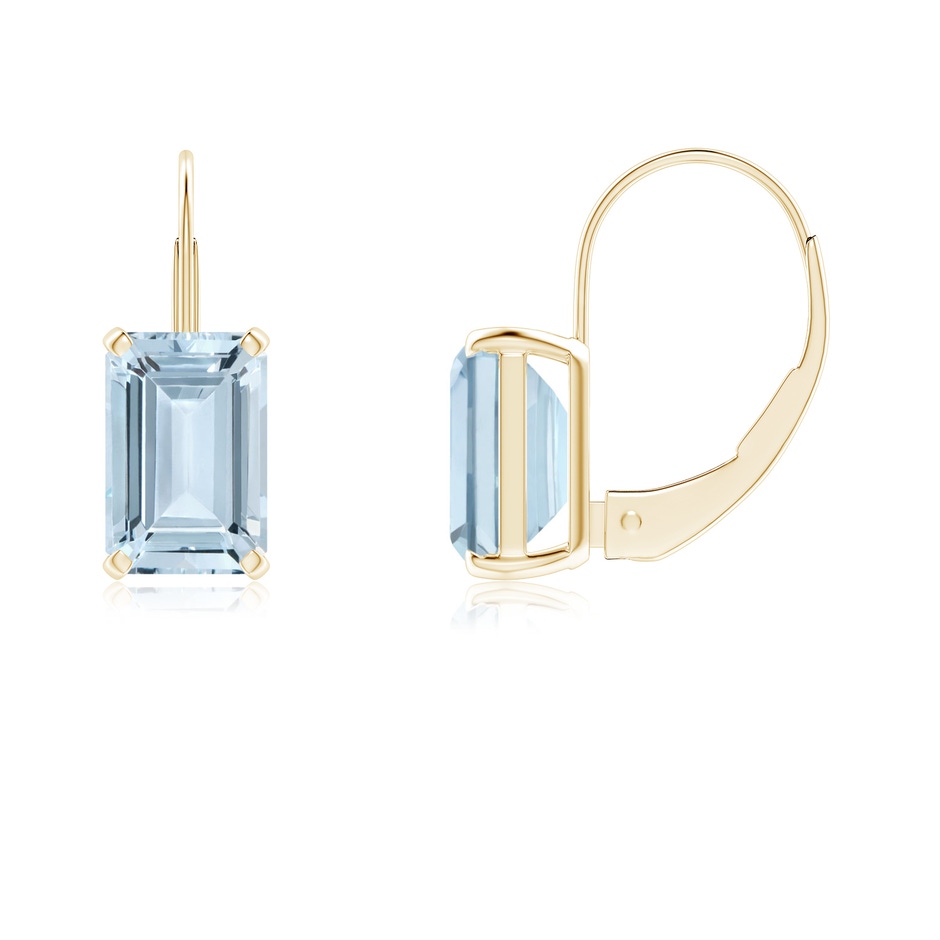 6x4mm A Emerald-Cut Aquamarine Solitaire Leverback Earrings in Yellow Gold 