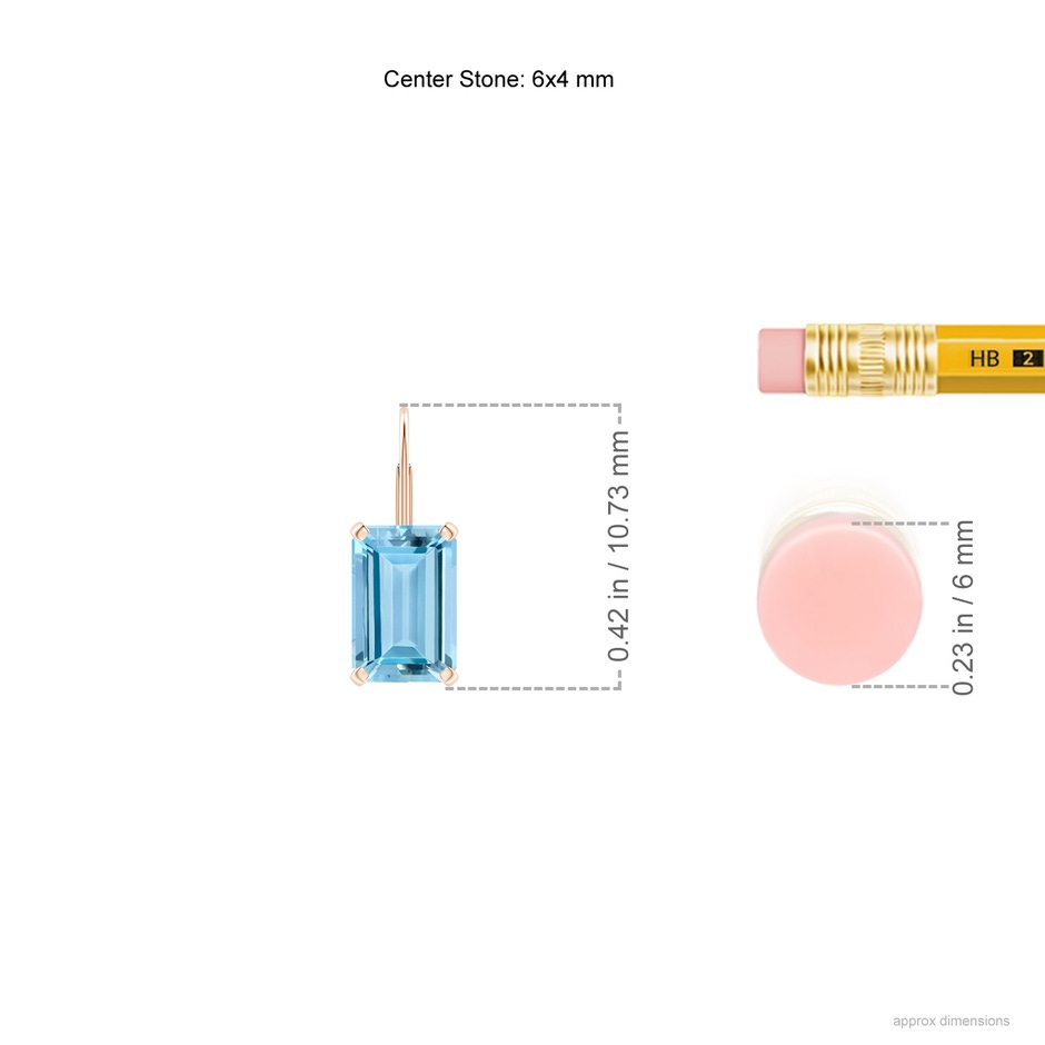 6x4mm AAAA Emerald-Cut Aquamarine Solitaire Leverback Earrings in Rose Gold ruler