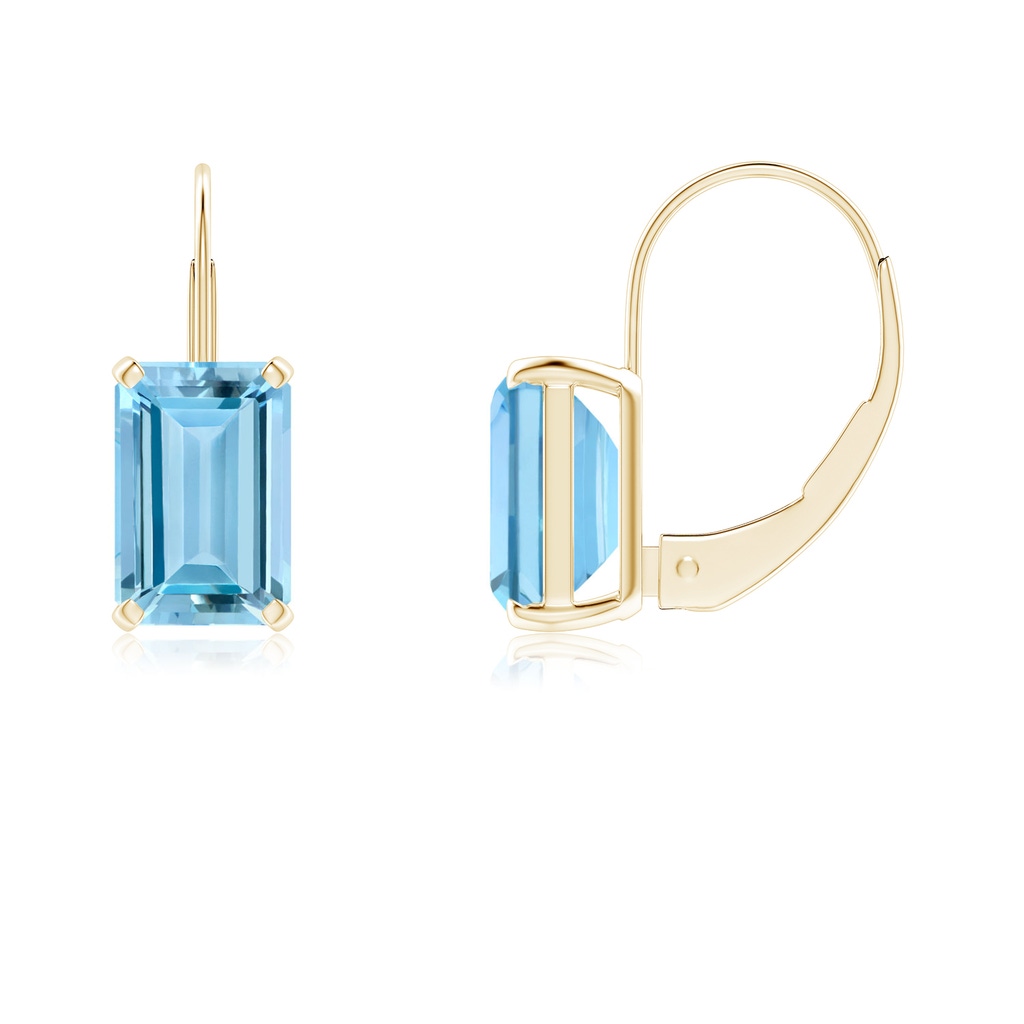 6x4mm AAAA Emerald-Cut Aquamarine Solitaire Leverback Earrings in Yellow Gold