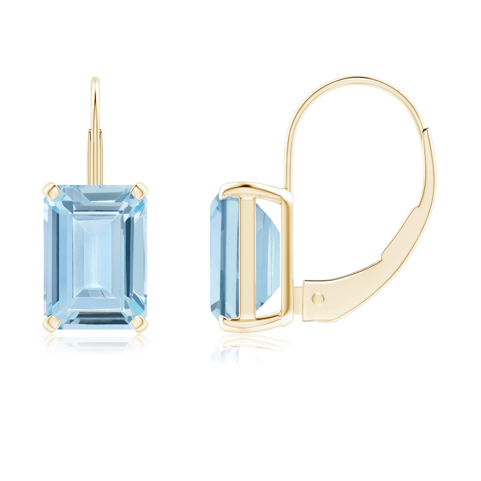 7x5mm AA Emerald-Cut Aquamarine Solitaire Leverback Earrings in Yellow Gold 