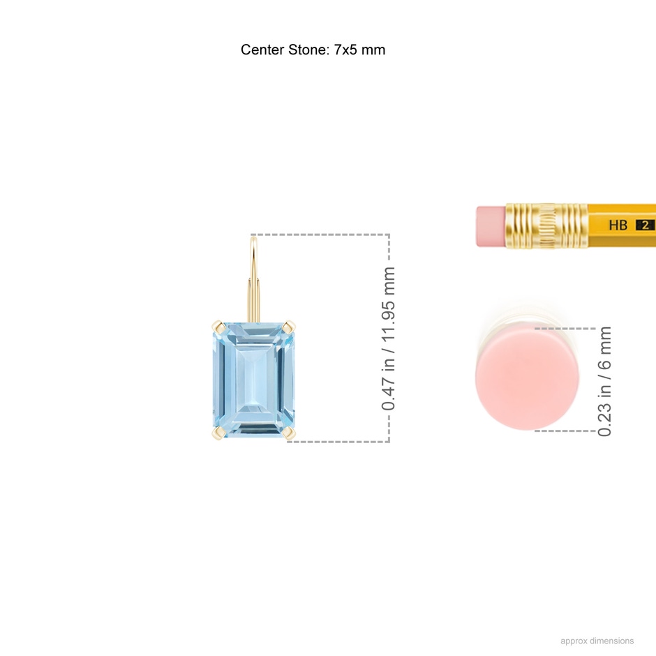 7x5mm AA Emerald-Cut Aquamarine Solitaire Leverback Earrings in Yellow Gold ruler