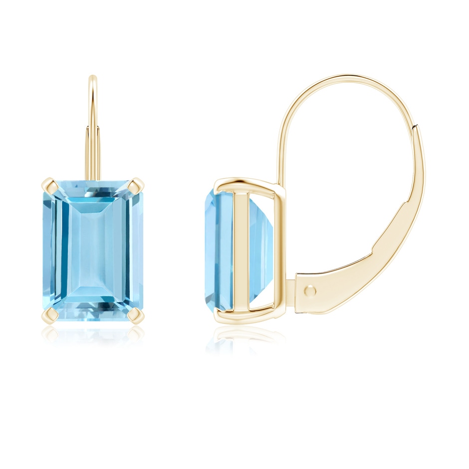 7x5mm AAAA Emerald-Cut Aquamarine Solitaire Leverback Earrings in Yellow Gold 