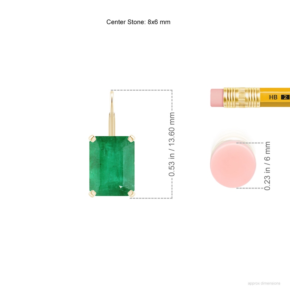 8x6mm A Emerald-Cut Emerald Solitaire Leverback Earrings in Yellow Gold ruler