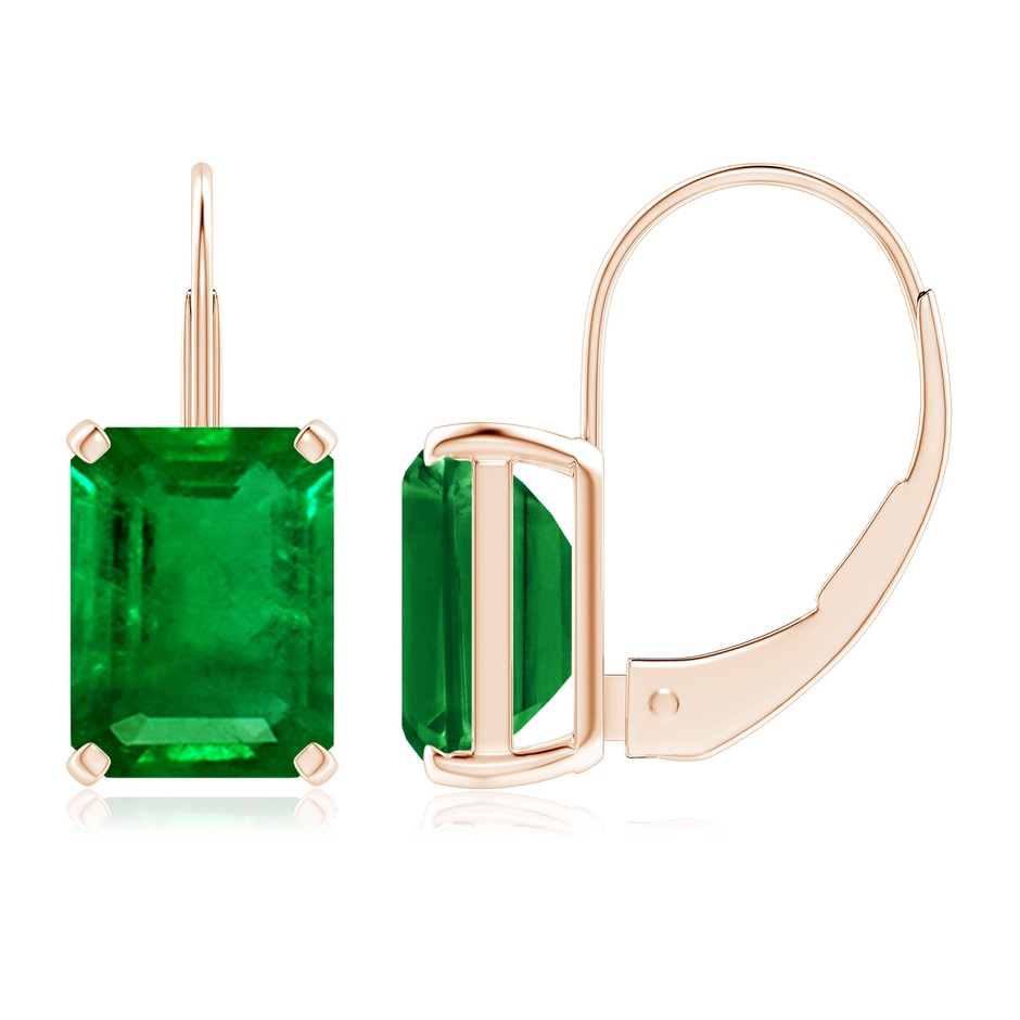 8x6mm AAAA Emerald-Cut Emerald Solitaire Leverback Earrings in Rose Gold 