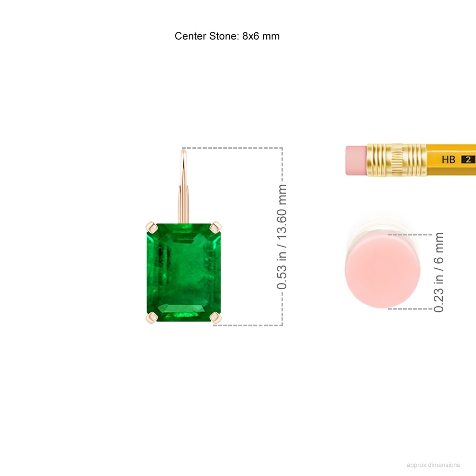 8x6mm AAAA Emerald-Cut Emerald Solitaire Leverback Earrings in Rose Gold ruler