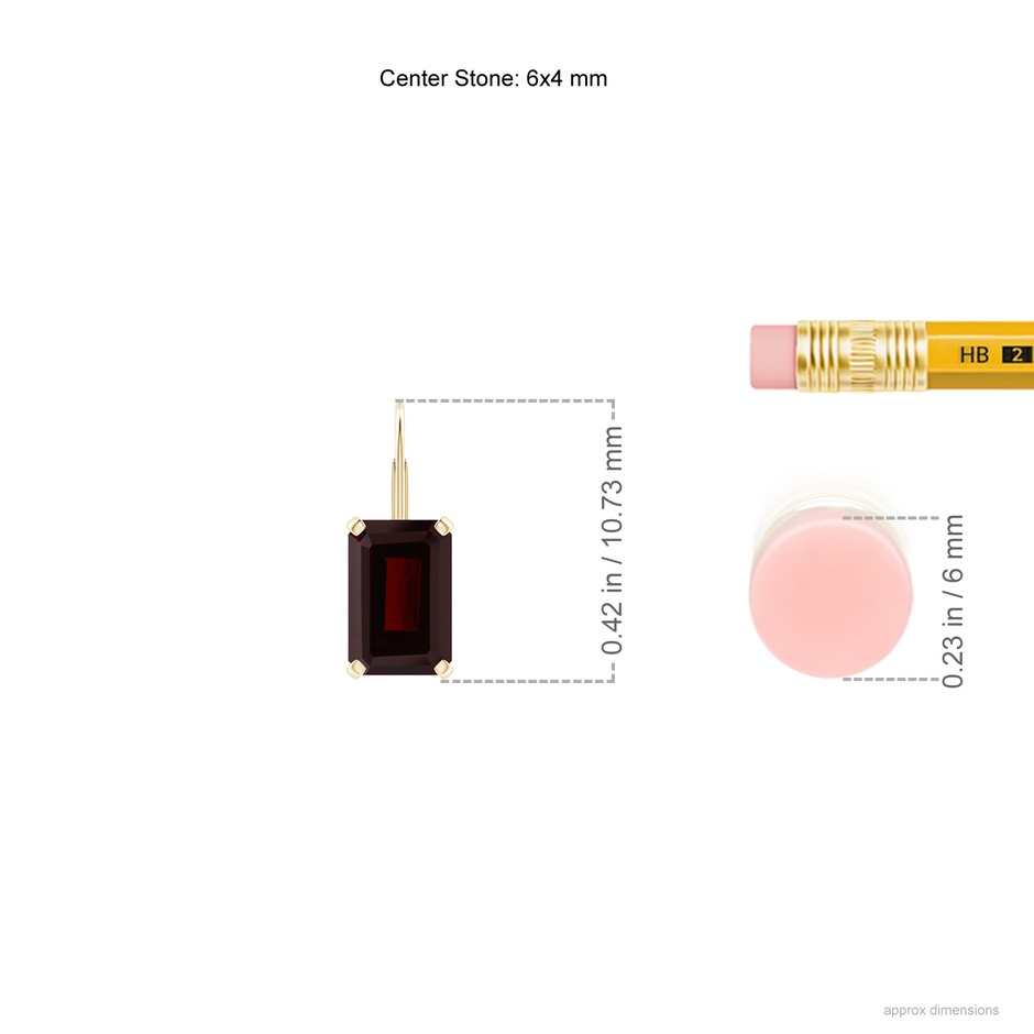 6x4mm A Emerald-Cut Garnet Solitaire Leverback Earrings in Yellow Gold ruler