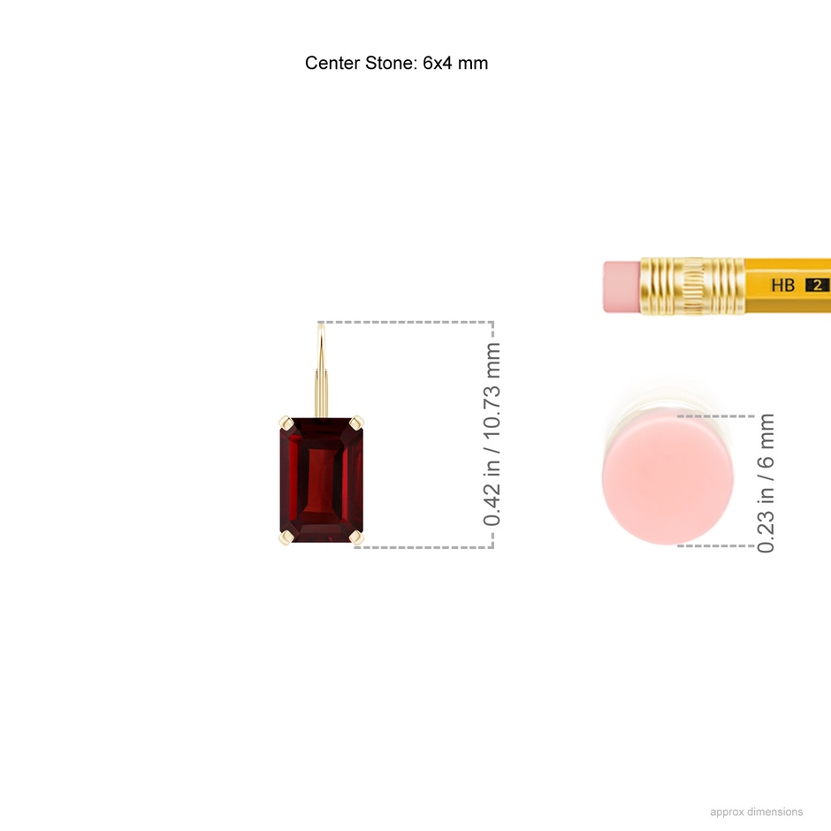 6x4mm AAA Emerald-Cut Garnet Solitaire Leverback Earrings in Yellow Gold ruler