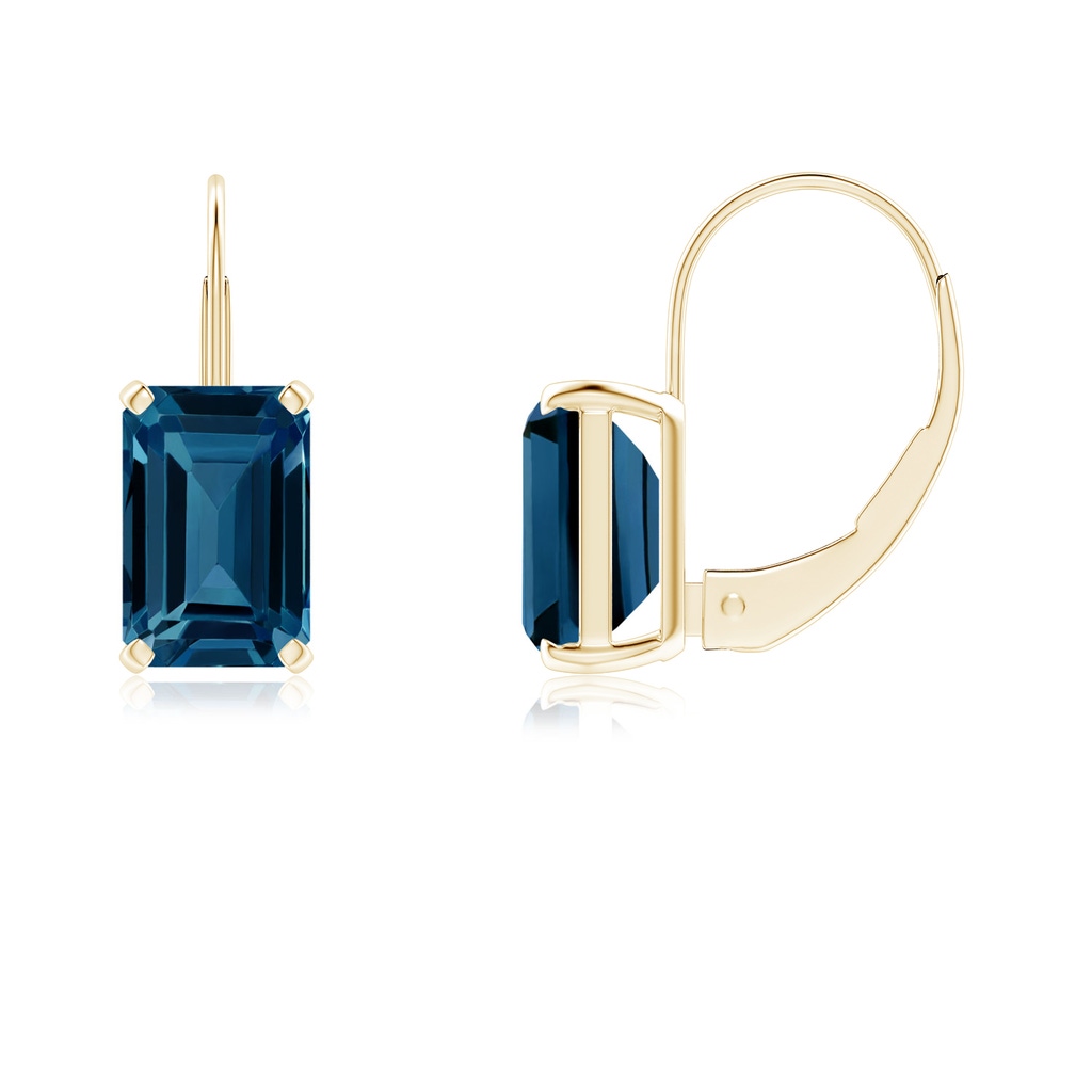 6x4mm AAAA Emerald-Cut London Blue Topaz Solitaire Leverback Earrings in Yellow Gold