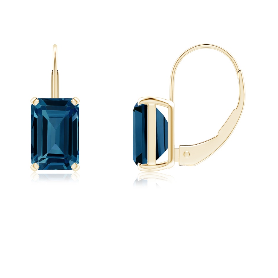 6x4mm AAAA Emerald-Cut London Blue Topaz Solitaire Leverback Earrings in Yellow Gold 