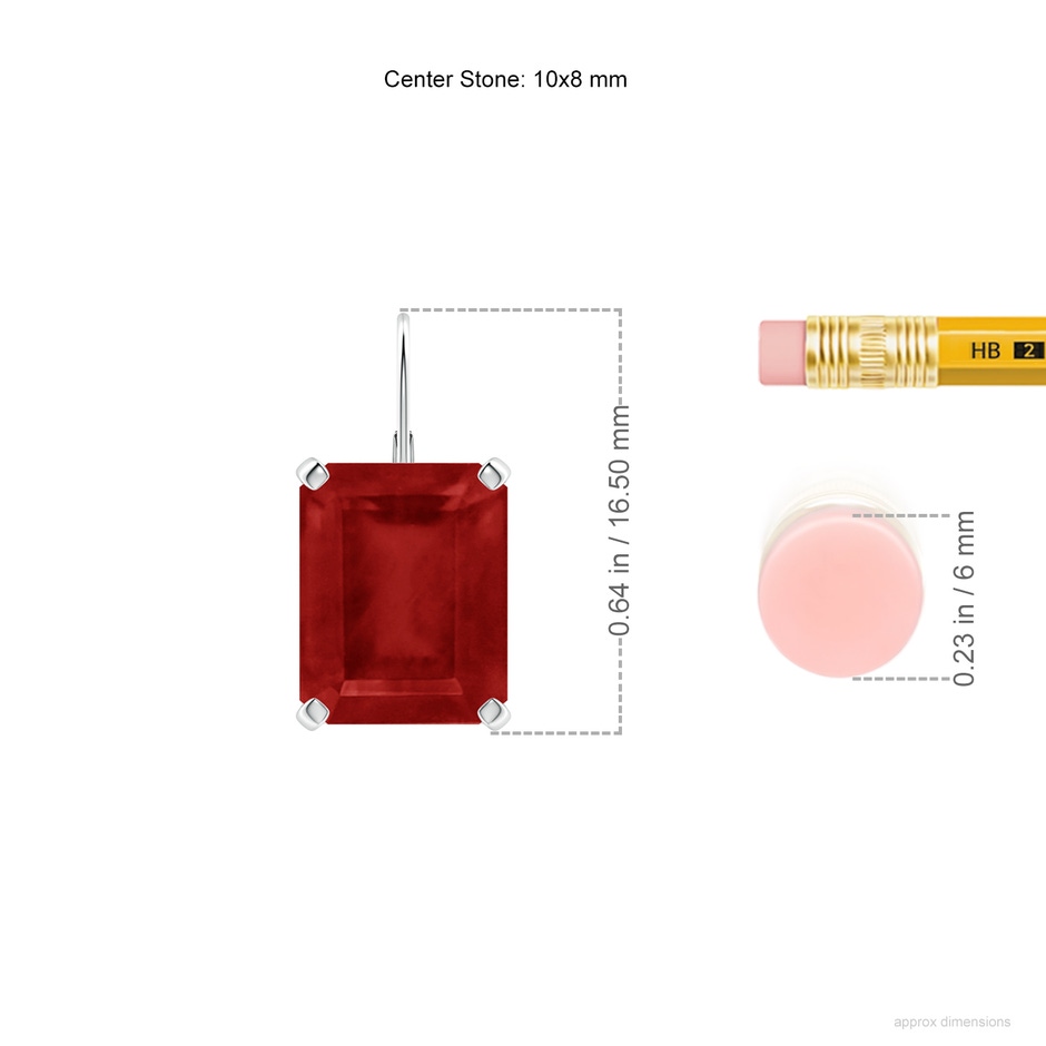10x8mm AA Emerald-Cut Ruby Solitaire Leverback Earrings in P950 Platinum ruler