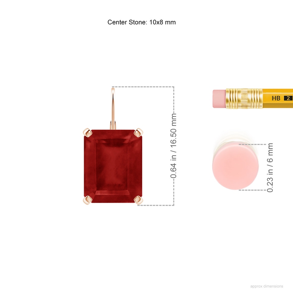10x8mm AA Emerald-Cut Ruby Solitaire Leverback Earrings in Rose Gold ruler
