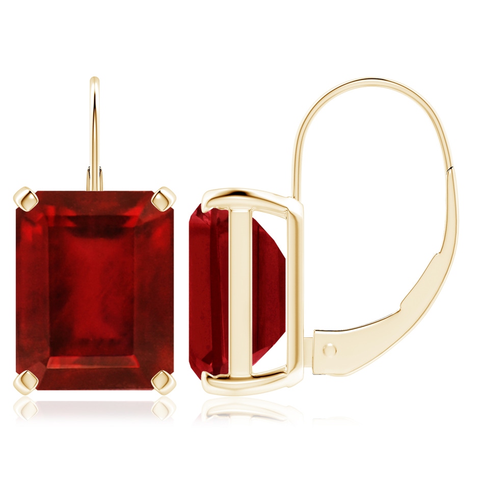 10x8mm AAAA Emerald-Cut Ruby Solitaire Leverback Earrings in Yellow Gold 