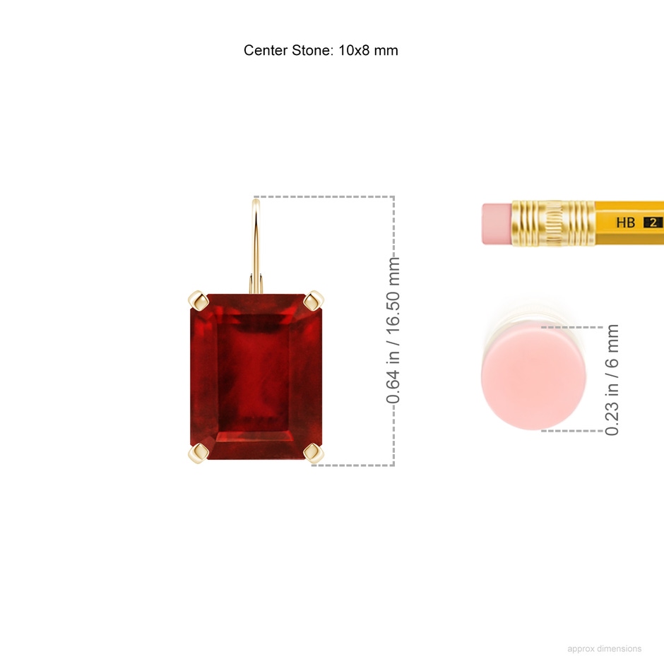 10x8mm AAAA Emerald-Cut Ruby Solitaire Leverback Earrings in Yellow Gold ruler
