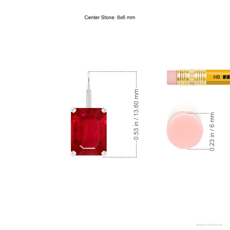 8x6mm AAA Emerald-Cut Ruby Solitaire Leverback Earrings in P950 Platinum ruler