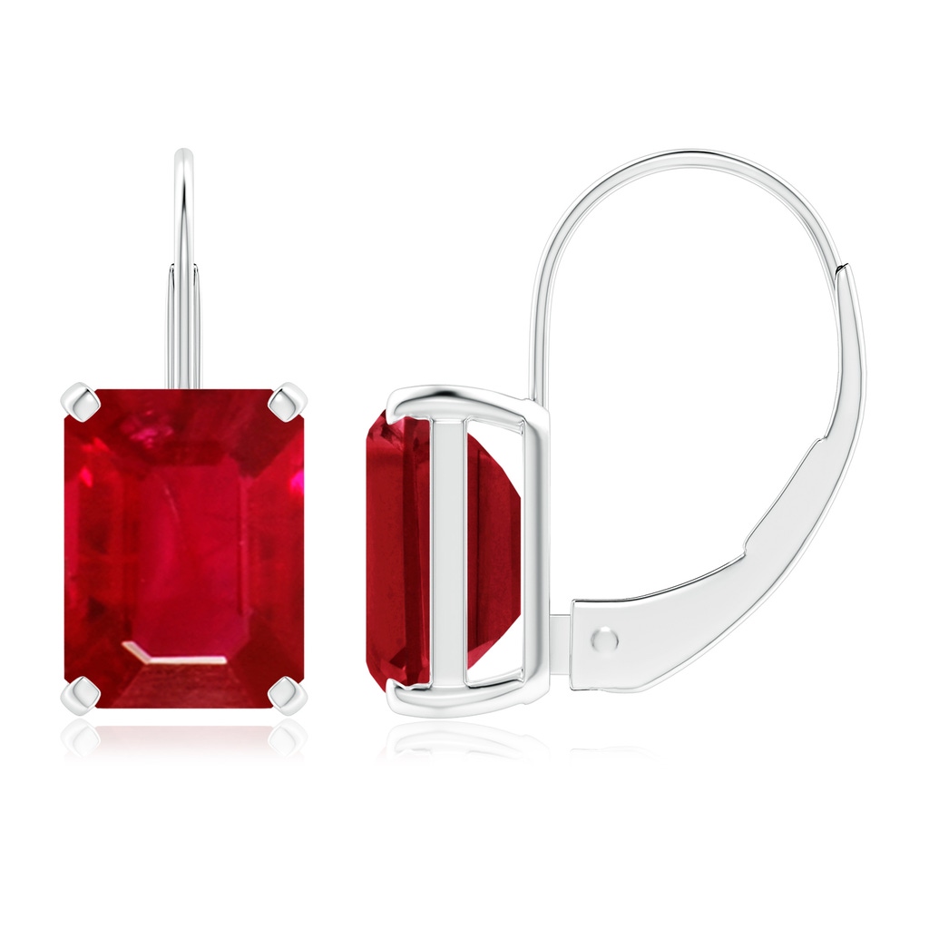 8x6mm AAA Emerald-Cut Ruby Solitaire Leverback Earrings in White Gold