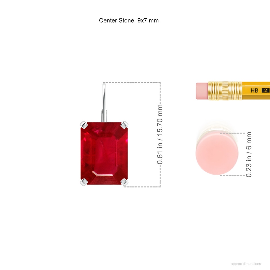 9x7mm AAA Emerald-Cut Ruby Solitaire Leverback Earrings in P950 Platinum ruler