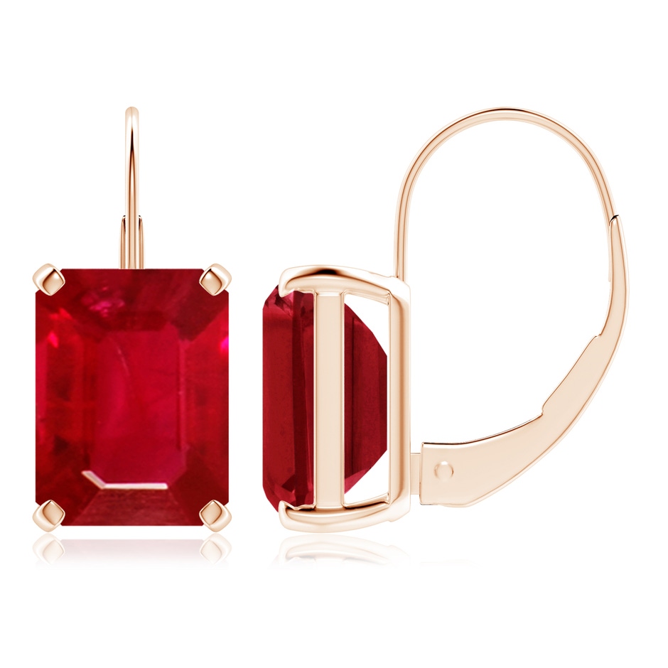 9x7mm AAA Emerald-Cut Ruby Solitaire Leverback Earrings in Rose Gold 