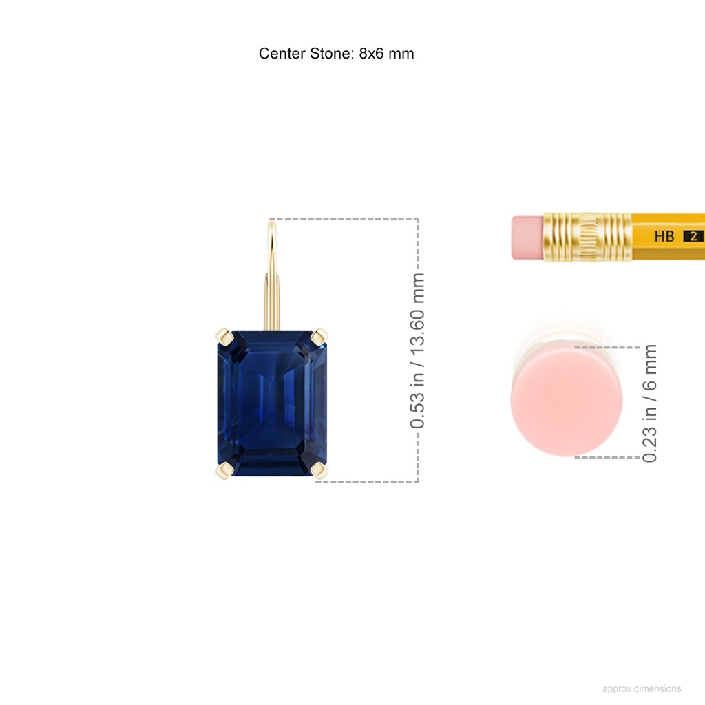 8x6mm AAA Emerald-Cut Blue Sapphire Solitaire Leverback Earrings in Yellow Gold ruler