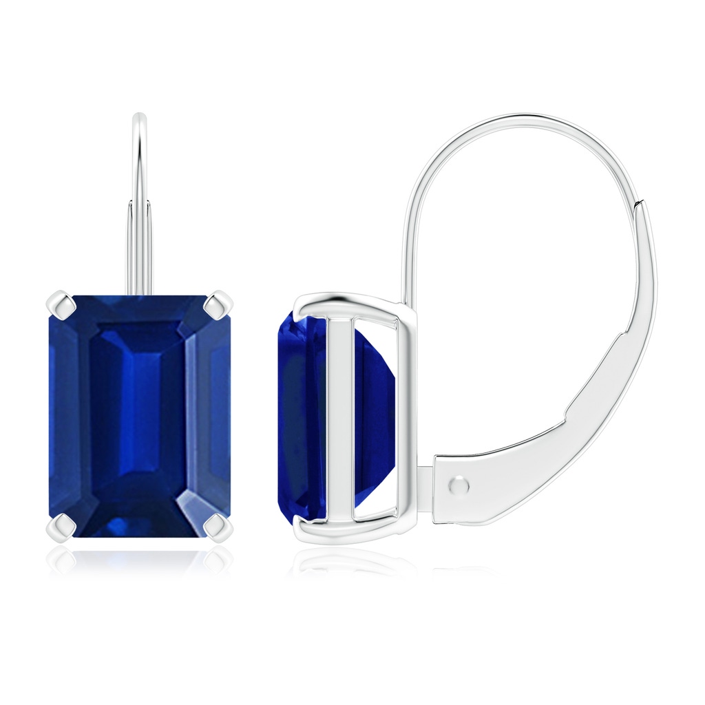 8x6mm Lab-Grown Emerald-Cut Blue Sapphire Solitaire Leverback Earrings in White Gold