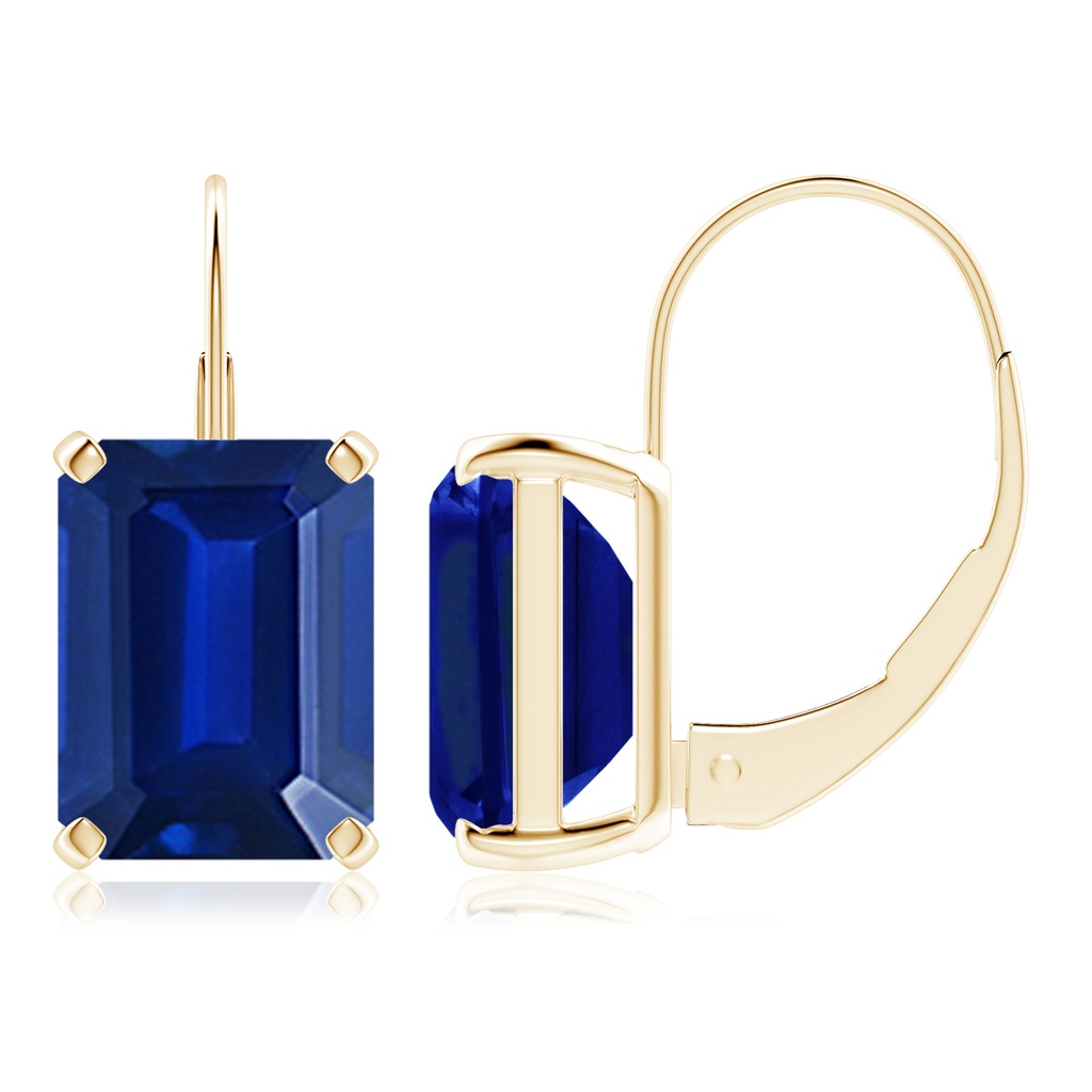 9x7mm Lab-Grown Emerald-Cut Blue Sapphire Solitaire Leverback Earrings in Yellow Gold