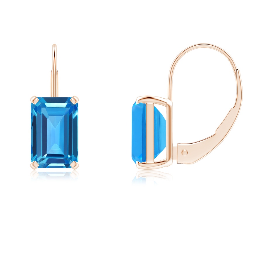6x4mm AAAA Emerald-Cut Swiss Blue Topaz Solitaire Leverback Earrings in Rose Gold 