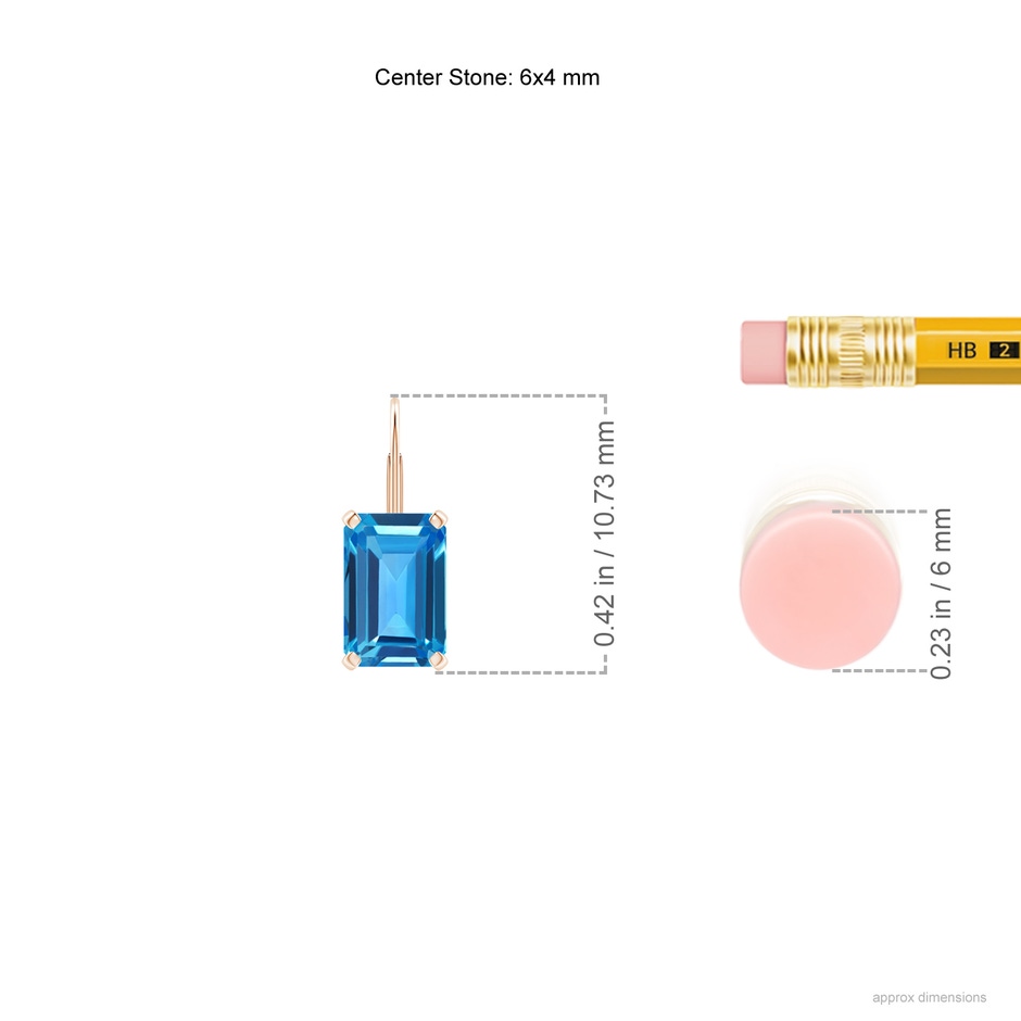 6x4mm AAAA Emerald-Cut Swiss Blue Topaz Solitaire Leverback Earrings in Rose Gold ruler