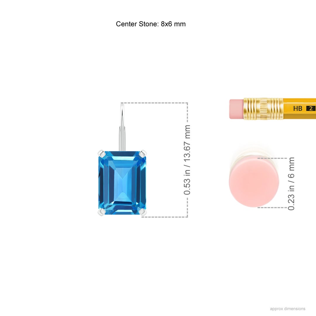 8x6mm AAAA Emerald-Cut Swiss Blue Topaz Solitaire Leverback Earrings in White Gold - ruler