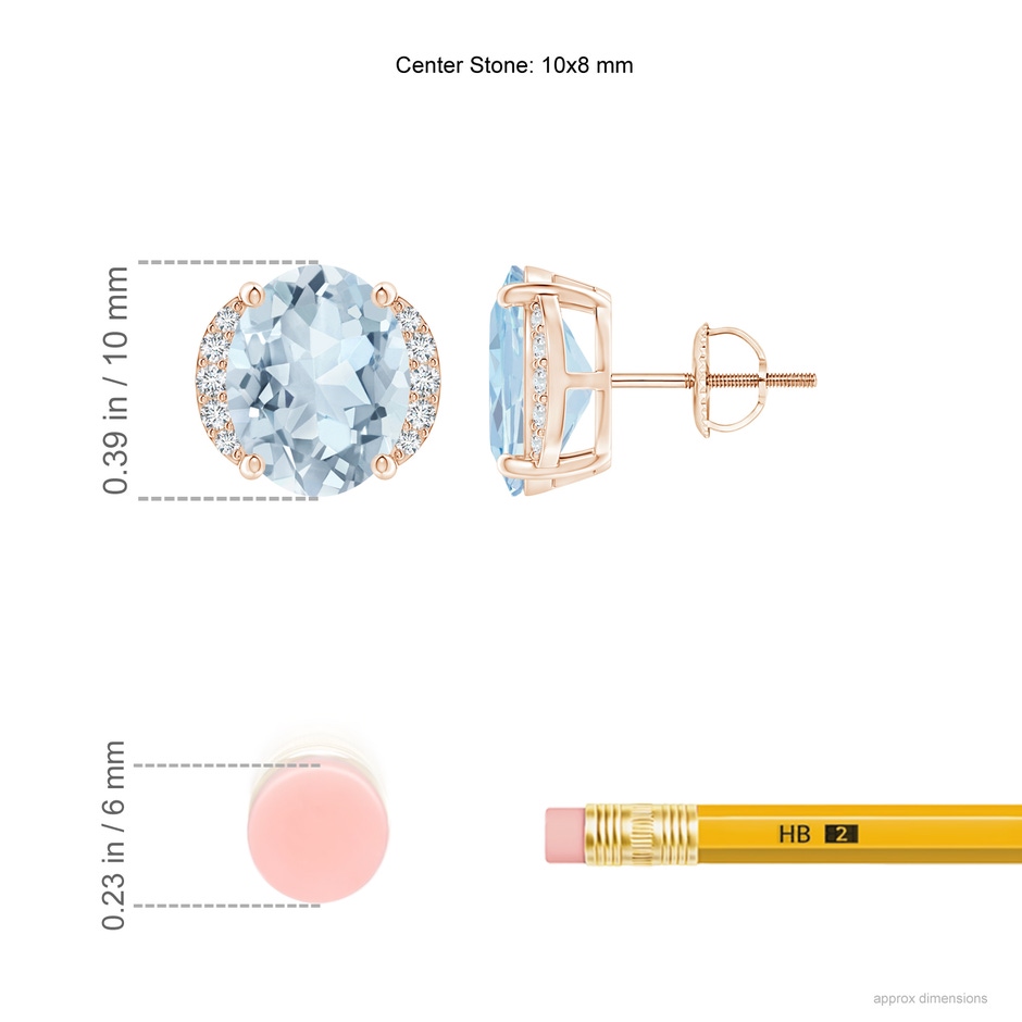 10x8mm A Oval Aquamarine Half Halo Stud Earrings in Rose Gold ruler
