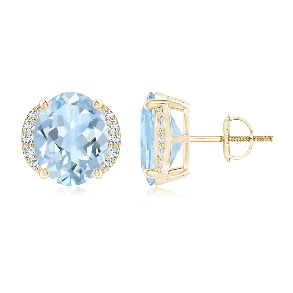 10x8mm AA Oval Aquamarine Half Halo Stud Earrings in Yellow Gold 
