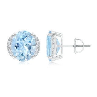 10x8mm AAA Oval Aquamarine Half Halo Stud Earrings in P950 Platinum