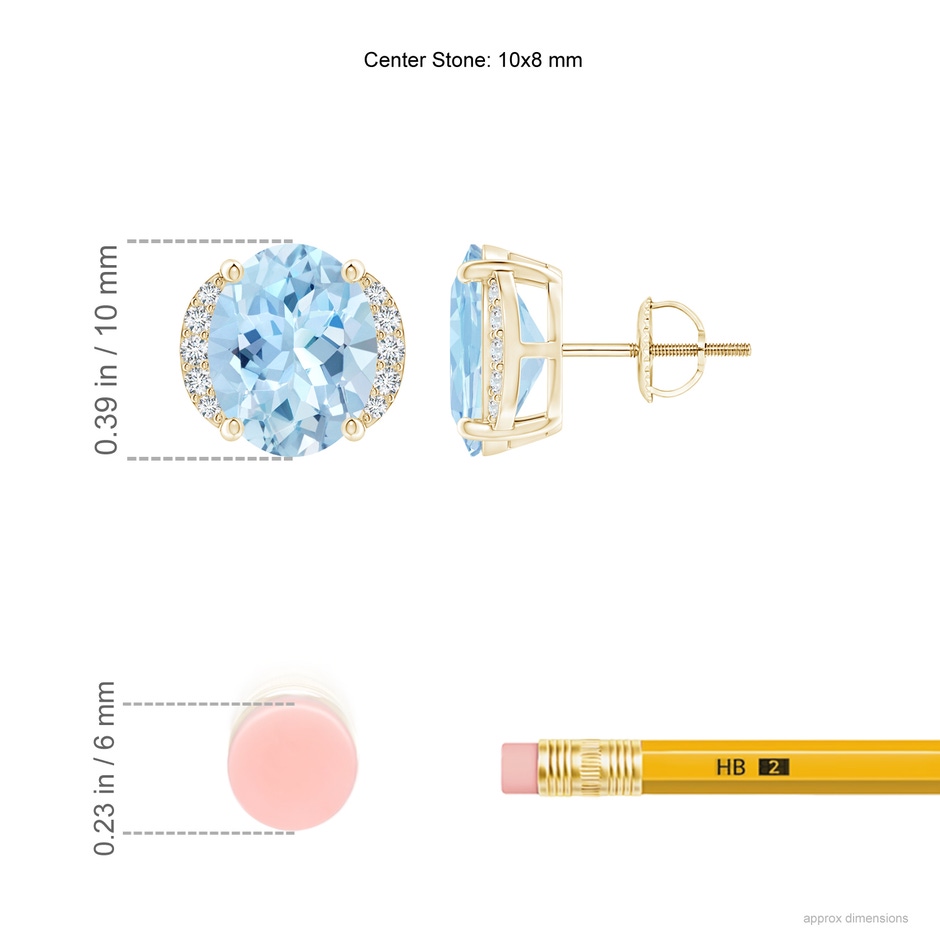 10x8mm AAA Oval Aquamarine Half Halo Stud Earrings in Yellow Gold ruler